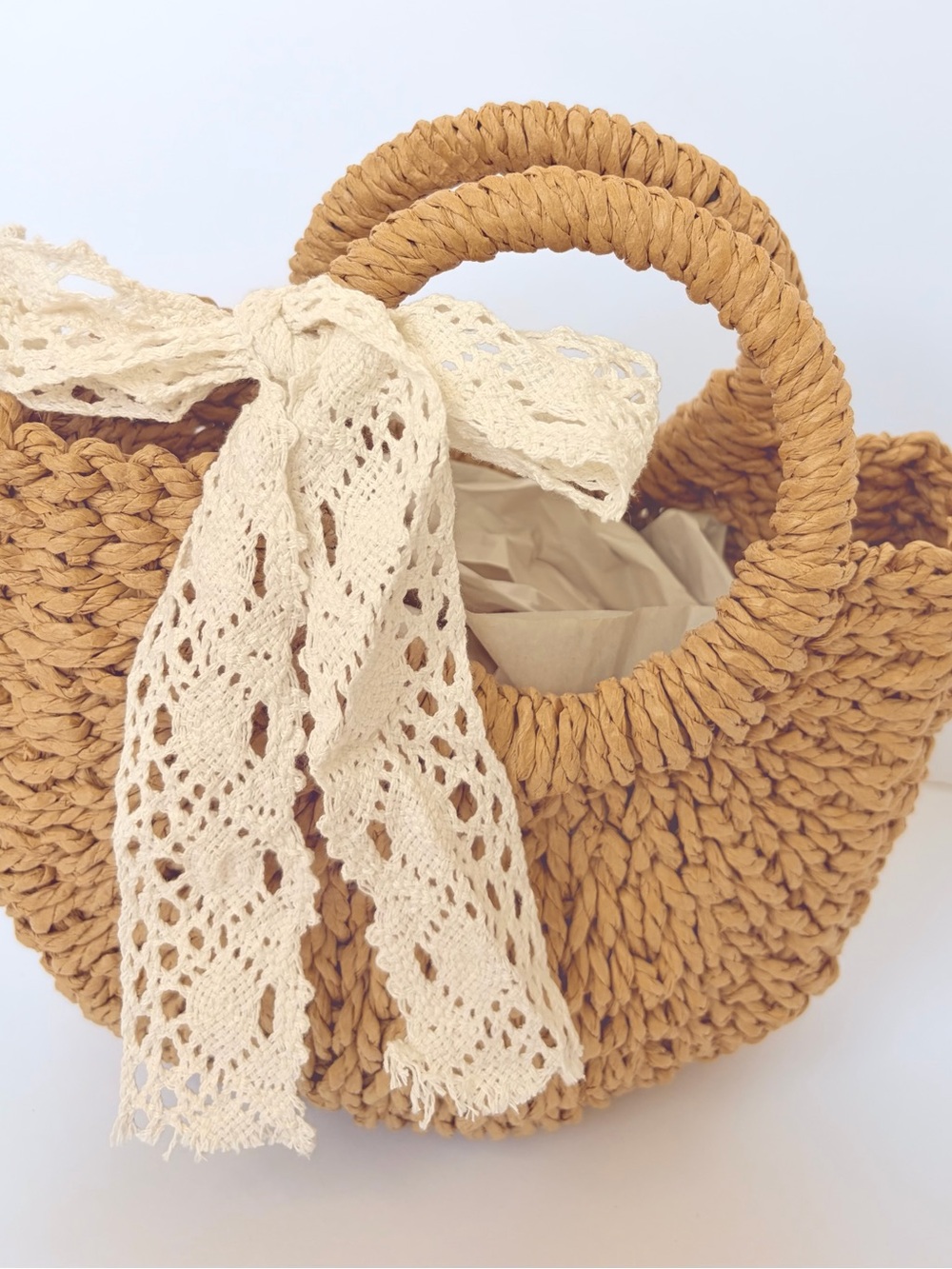 Handwoven Mustard Crochet Tote with Cream Lace Bow